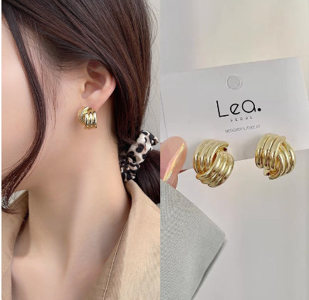 Elegant Exquisite Retro Two Tone  Gold Wind Leaf Sterling Stud Drop Earrings