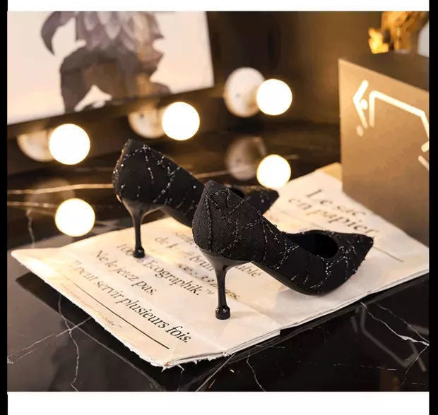 French Style Small Stiletto High Heel Round Head  Slip-on Shoes