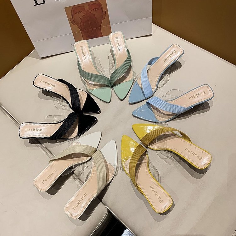 NYC US Style Pointed Stiletto Transparent Cross-strap Thin Heel Sandals Slippers