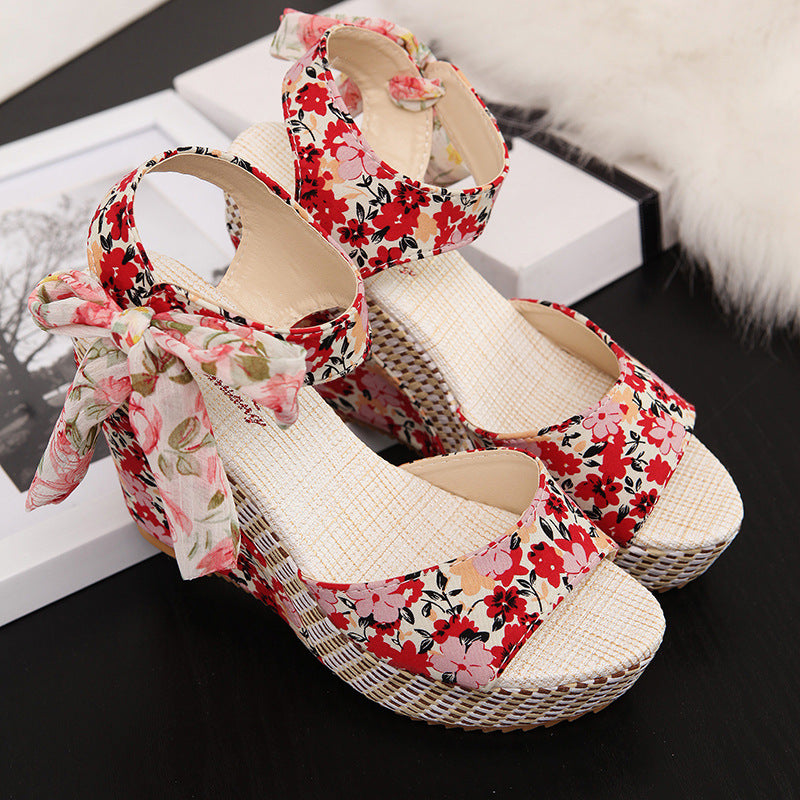 Floral Bohemian Wedge Platform High Heel Fish Mouth Sandals