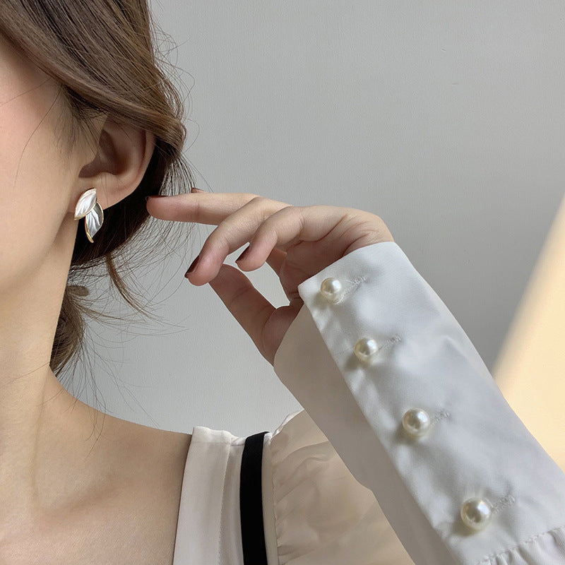 Elegant Exquisite Retro Two Tone  Gold Wind Leaf Sterling Stud Drop Earrings