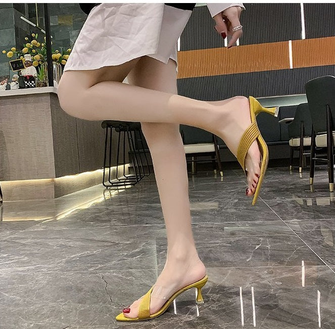 NYC US Style Pointed Stiletto Transparent Cross-strap Thin Heel Sandals Slippers