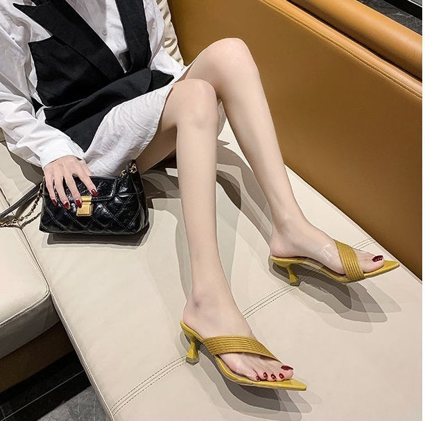 NYC US Style Pointed Stiletto Transparent Cross-strap Thin Heel Sandals Slippers