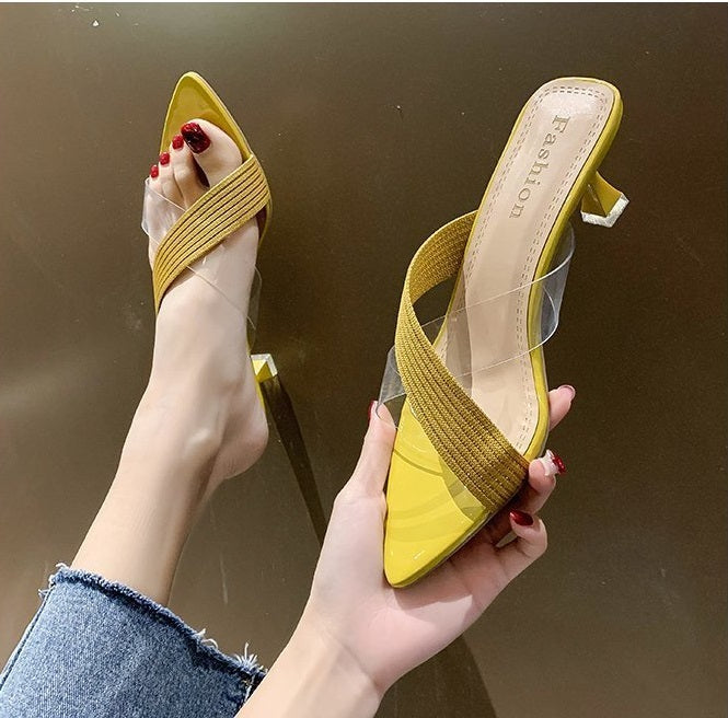 NYC US Style Pointed Stiletto Transparent Cross-strap Thin Heel Sandals Slippers