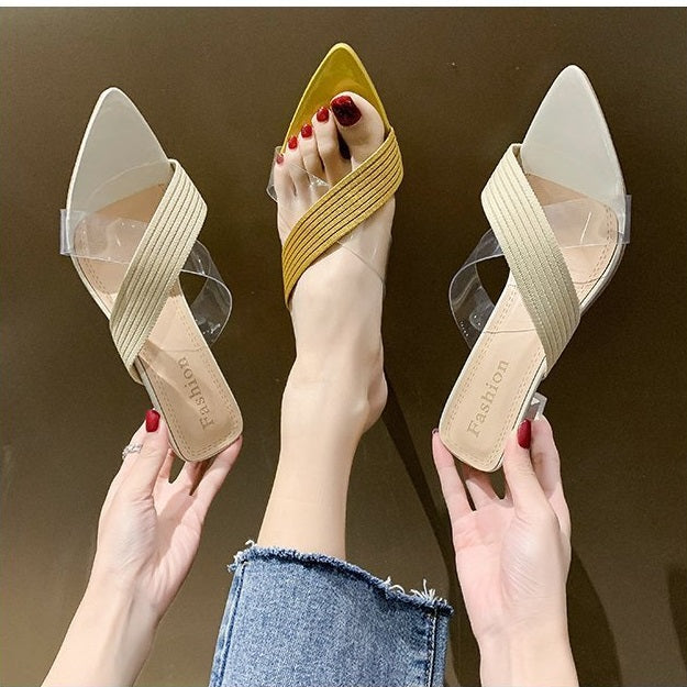 NYC US Style Pointed Stiletto Transparent Cross-strap Thin Heel Sandals Slippers