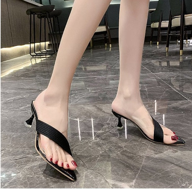 NYC US Style Pointed Stiletto Transparent Cross-strap Thin Heel Sandals Slippers