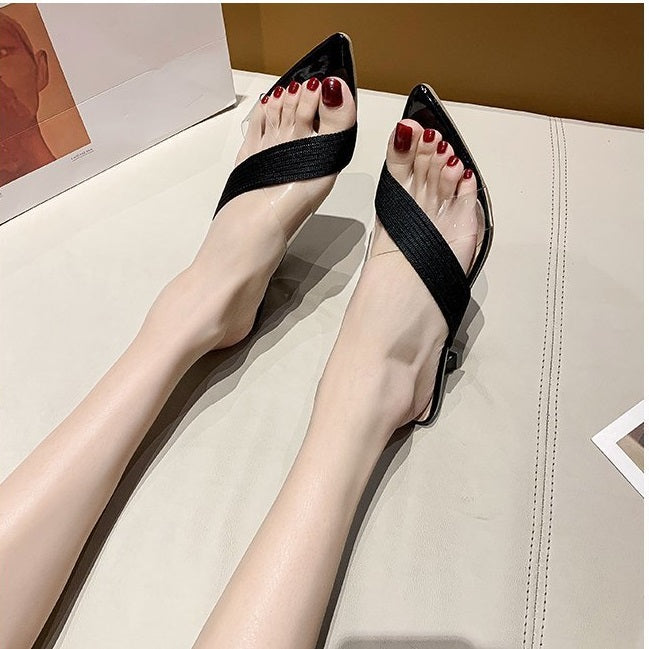 NYC US Style Pointed Stiletto Transparent Cross-strap Thin Heel Sandals Slippers
