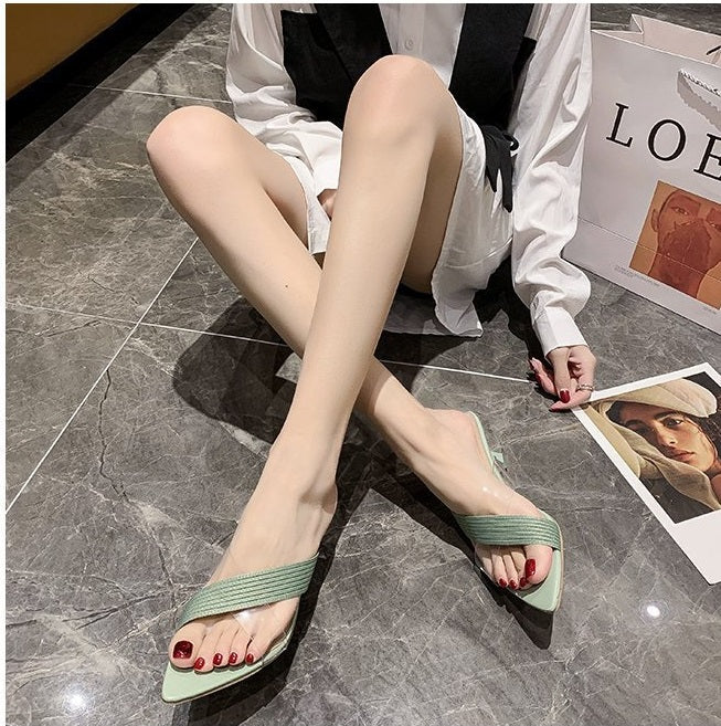 NYC US Style Pointed Stiletto Transparent Cross-strap Thin Heel Sandals Slippers