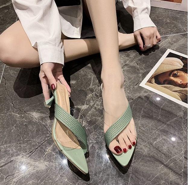 NYC US Style Pointed Stiletto Transparent Cross-strap Thin Heel Sandals Slippers