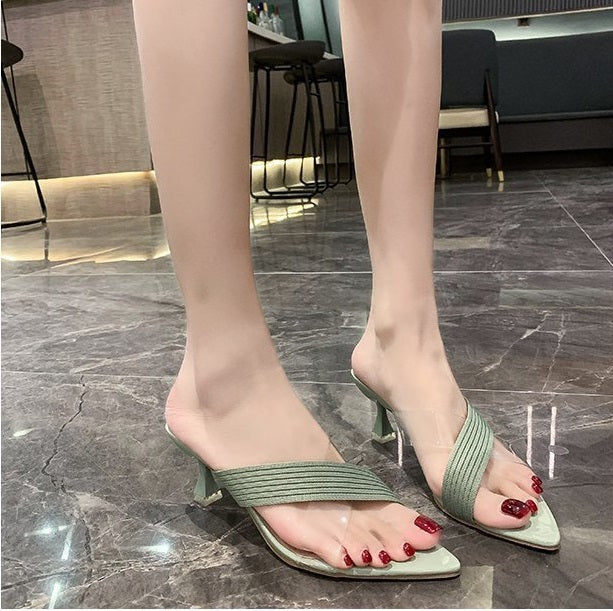 NYC US Style Pointed Stiletto Transparent Cross-strap Thin Heel Sandals Slippers