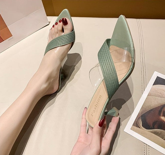 NYC US Style Pointed Stiletto Transparent Cross-strap Thin Heel Sandals Slippers