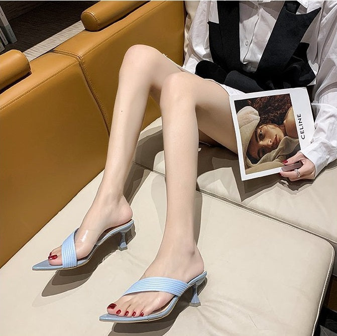 NYC US Style Pointed Stiletto Transparent Cross-strap Thin Heel Sandals Slippers