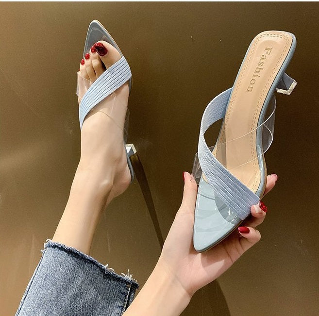 NYC US Style Pointed Stiletto Transparent Cross-strap Thin Heel Sandals Slippers