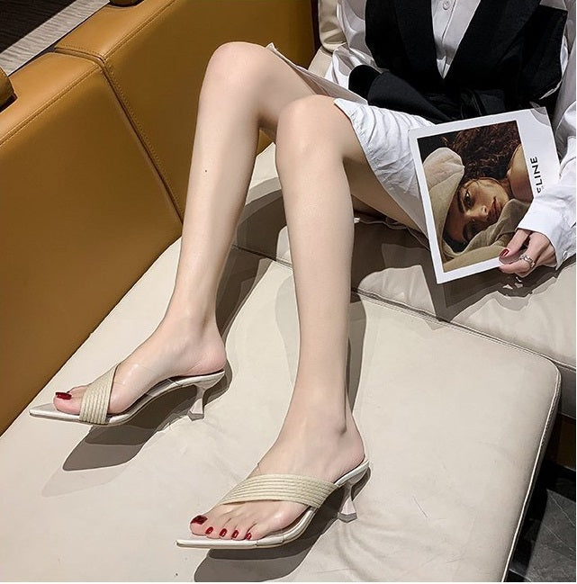 NYC US Style Pointed Stiletto Transparent Cross-strap Thin Heel Sandals Slippers