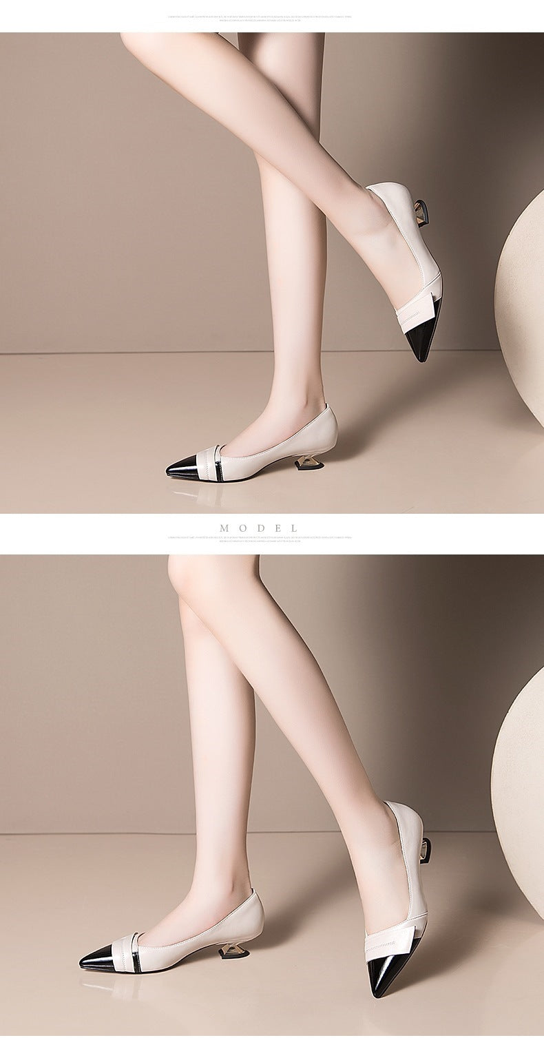 French Style Shallow Mouth Mid-heel Pointed Thick Heel Shoes