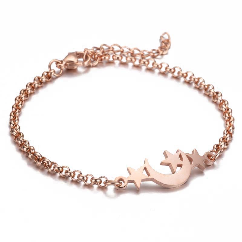 Gold Titanium S Steel / Rose Gold Moon Star Elephant Adjustable Charm Chain Cuff Bracelet