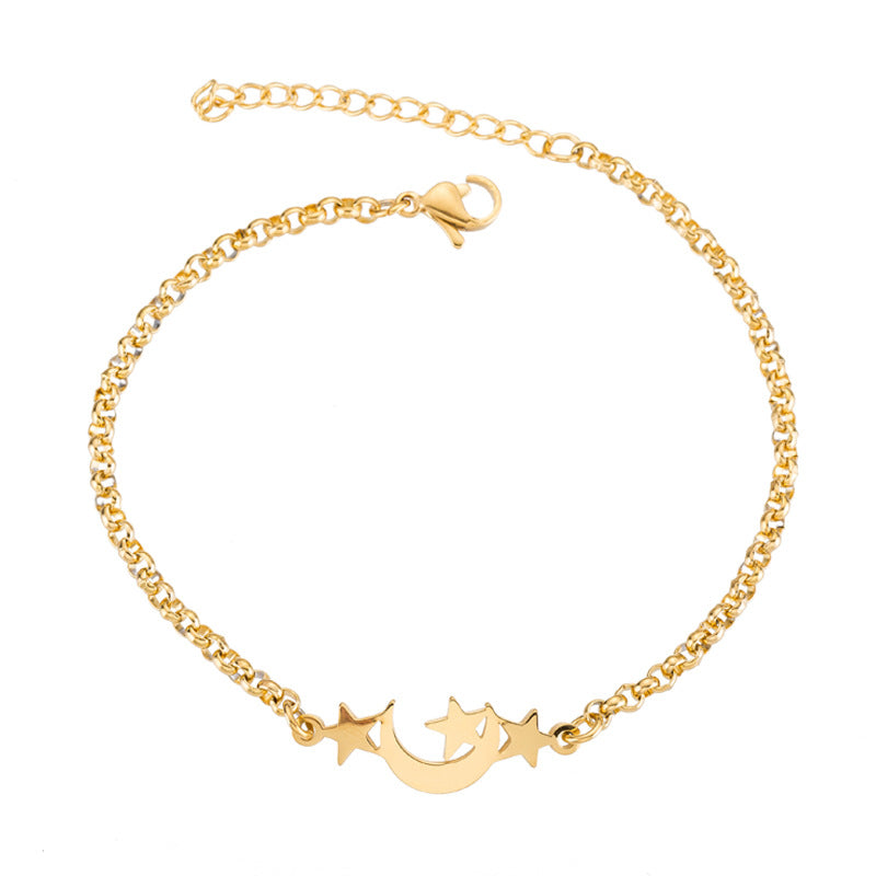 Gold Titanium S Steel / Rose Gold Moon Star Elephant Adjustable Charm Chain Cuff Bracelet