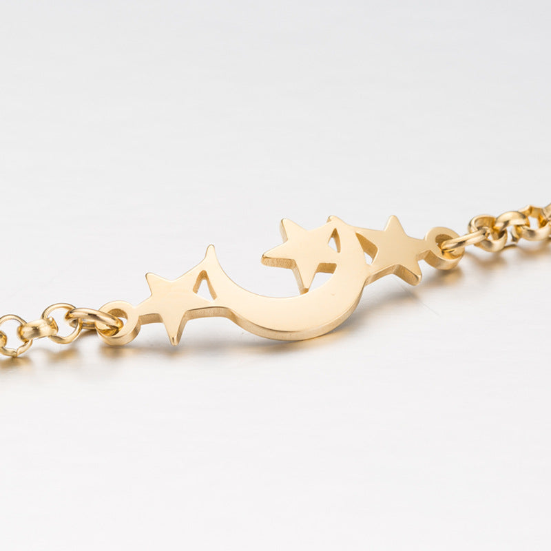 Gold Titanium S Steel / Rose Gold Moon Star Elephant Adjustable Charm Chain Cuff Bracelet
