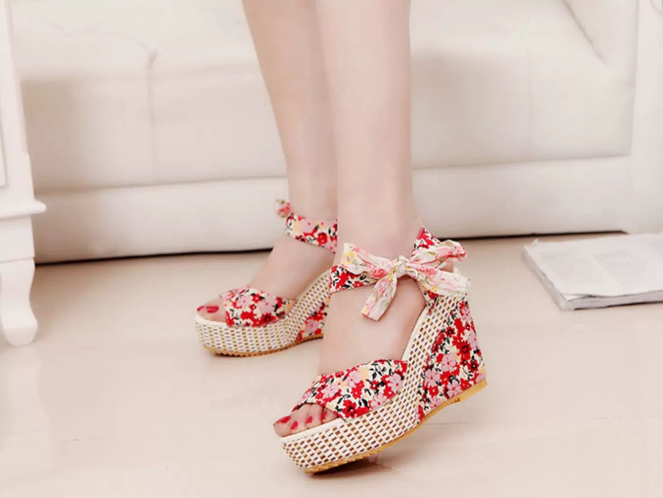 Floral Bohemian Wedge Platform High Heel Fish Mouth Sandals