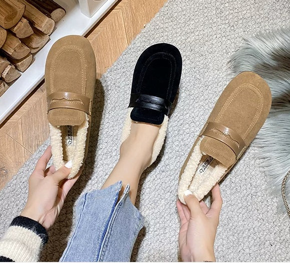 Retro Velvet Warm Cotton Round Head Slip On Slippers Shoes