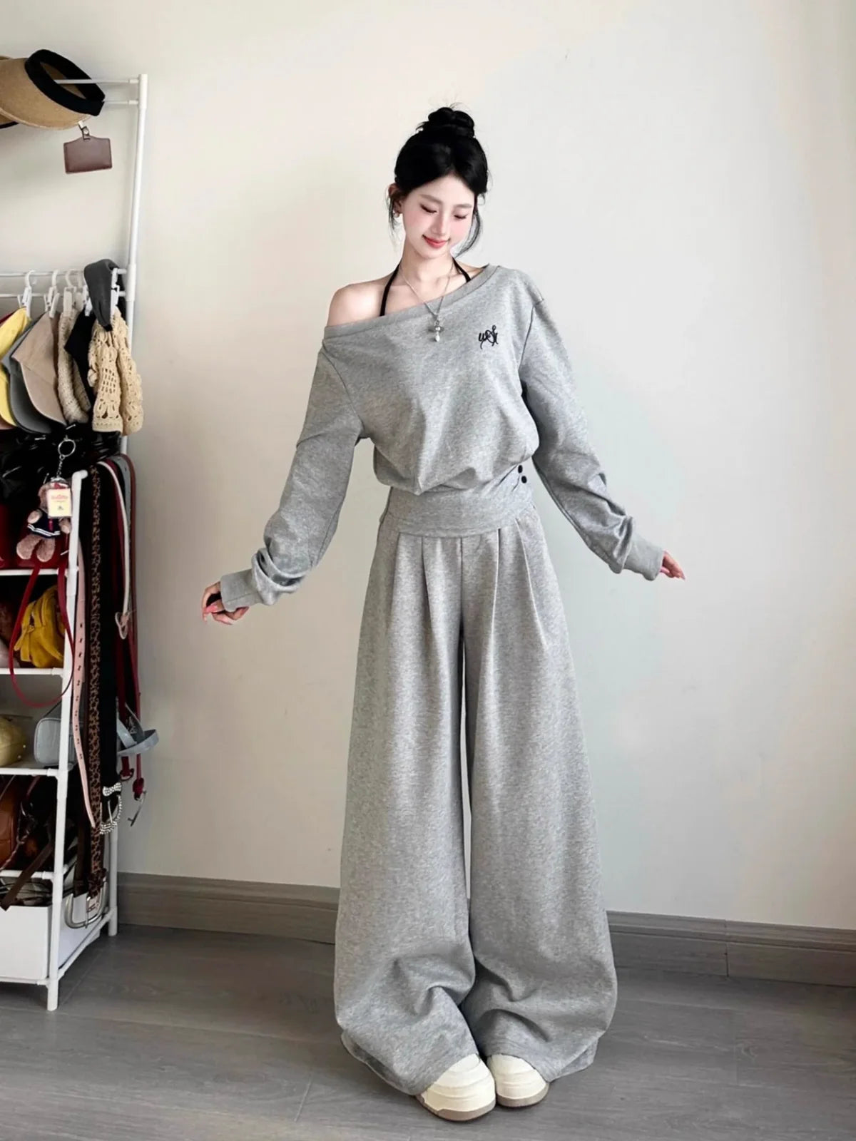 Off Shoulder Sweatshirt Loose Slimming Casual Tracksuit 2 Piece Matching Set