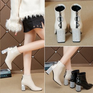 Korean Style Elegant Versatile Rhinestone Square High Heels Short Boot Shoes