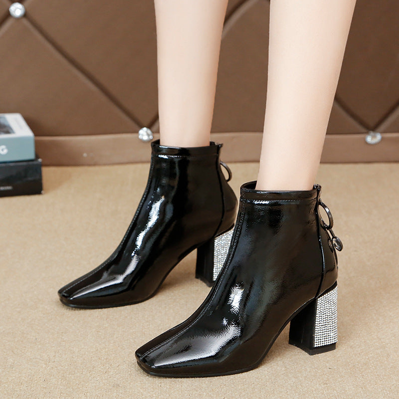 Korean Style Elegant Versatile Rhinestone Square High Heels Short Boot Shoes