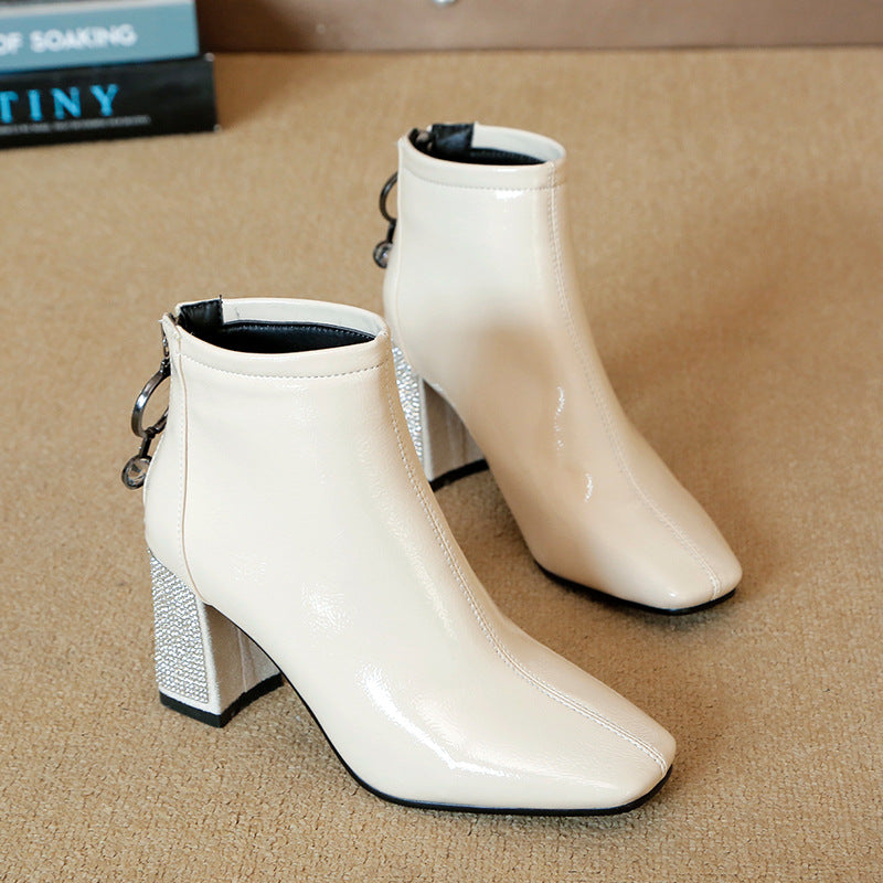 Korean Style Elegant Versatile Rhinestone Square High Heels Short Boot Shoes