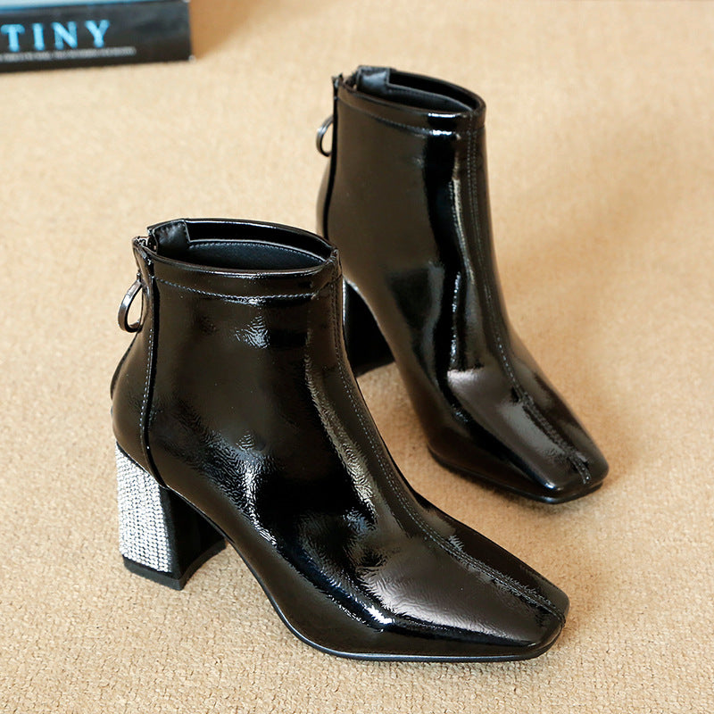 Korean Style Elegant Versatile Rhinestone Square High Heels Short Boot Shoes