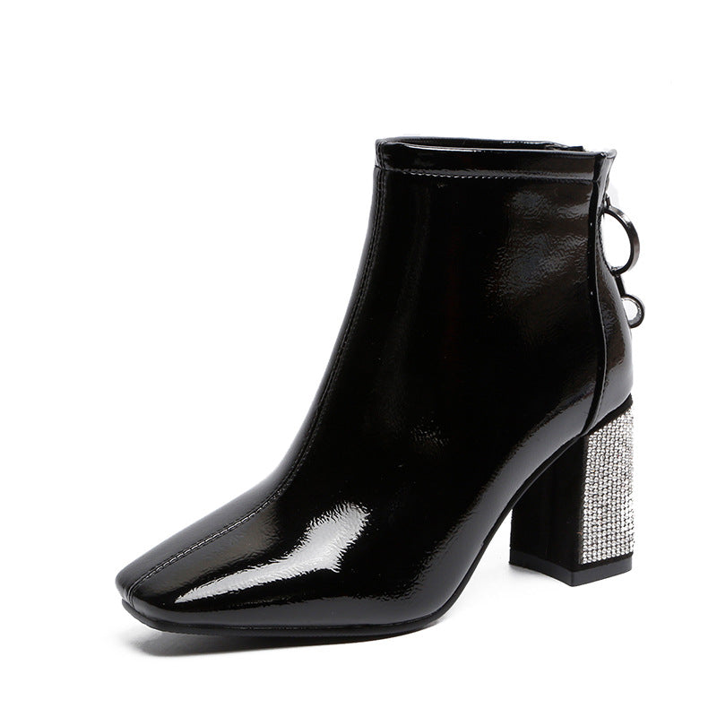 Korean Style Elegant Versatile Rhinestone Square High Heels Short Boot Shoes
