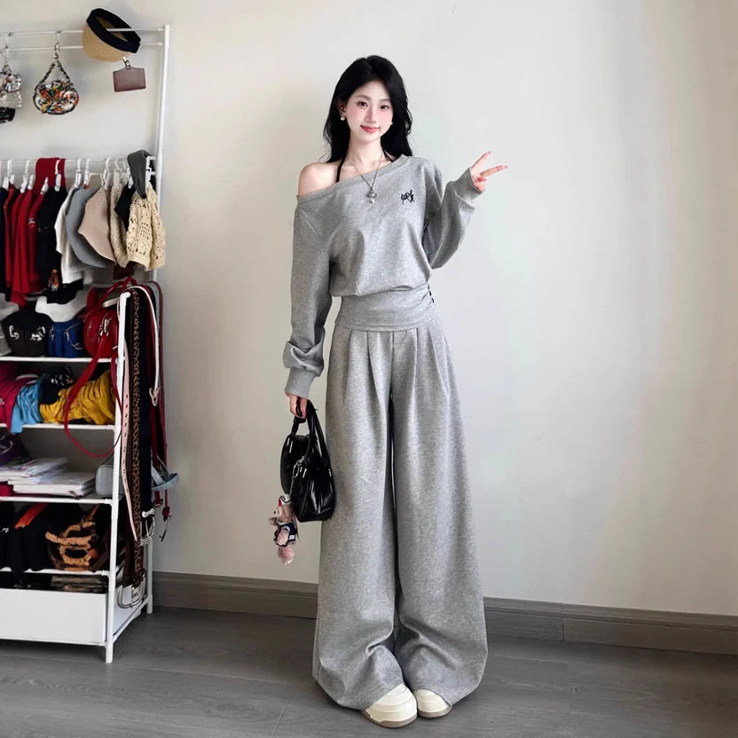Off Shoulder Sweatshirt Loose Slimming Casual Tracksuit 2 Piece Matching Set