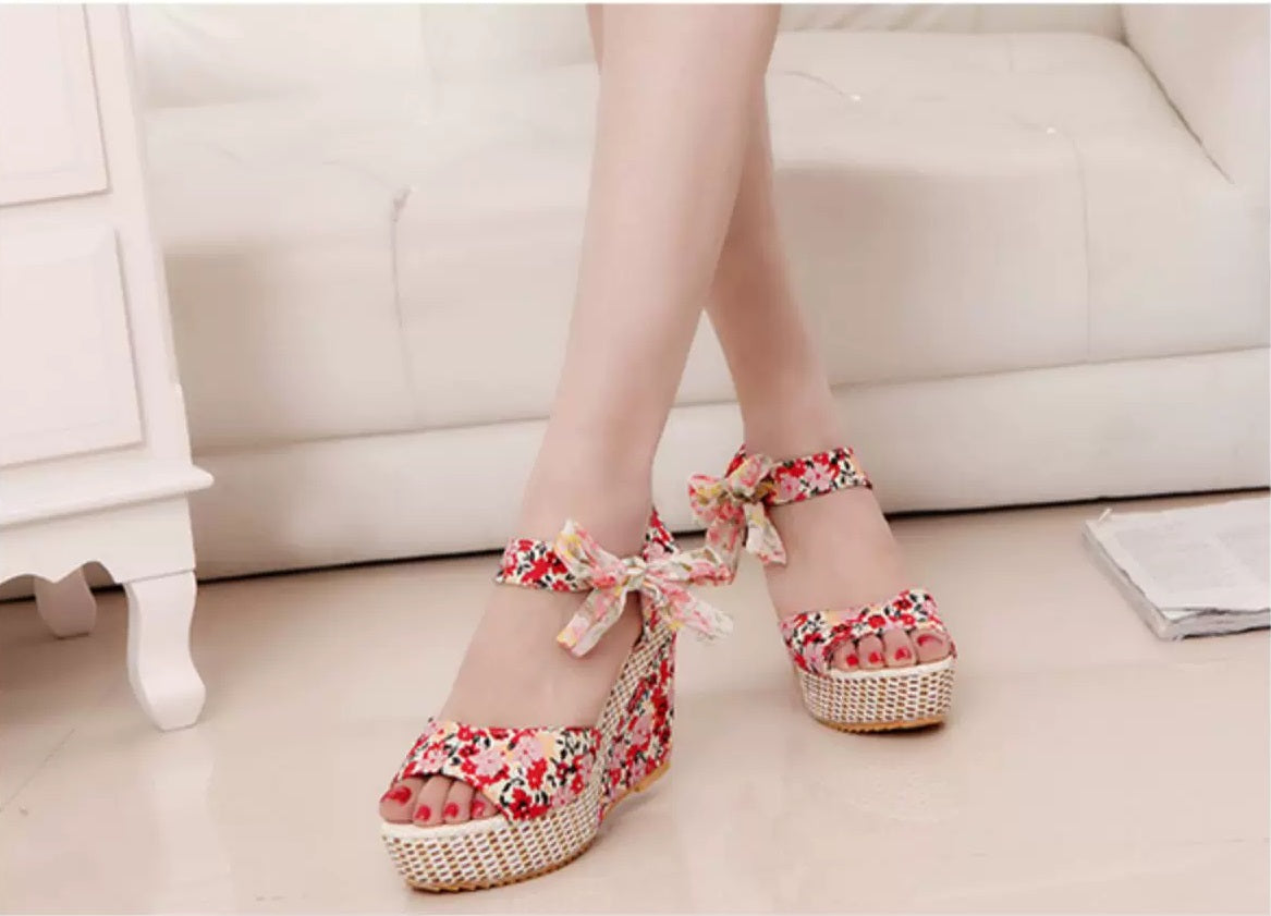 Floral Bohemian Wedge Platform High Heel Fish Mouth Sandals