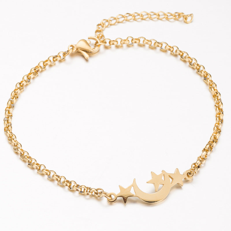 Gold Titanium S Steel / Rose Gold Moon Star Elephant Adjustable Charm Chain Cuff Bracelet