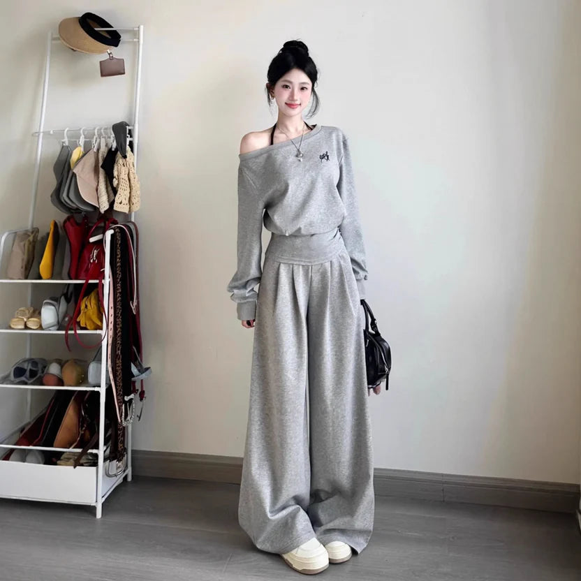 Off Shoulder Sweatshirt Loose Slimming Casual Tracksuit 2 Piece Matching Set