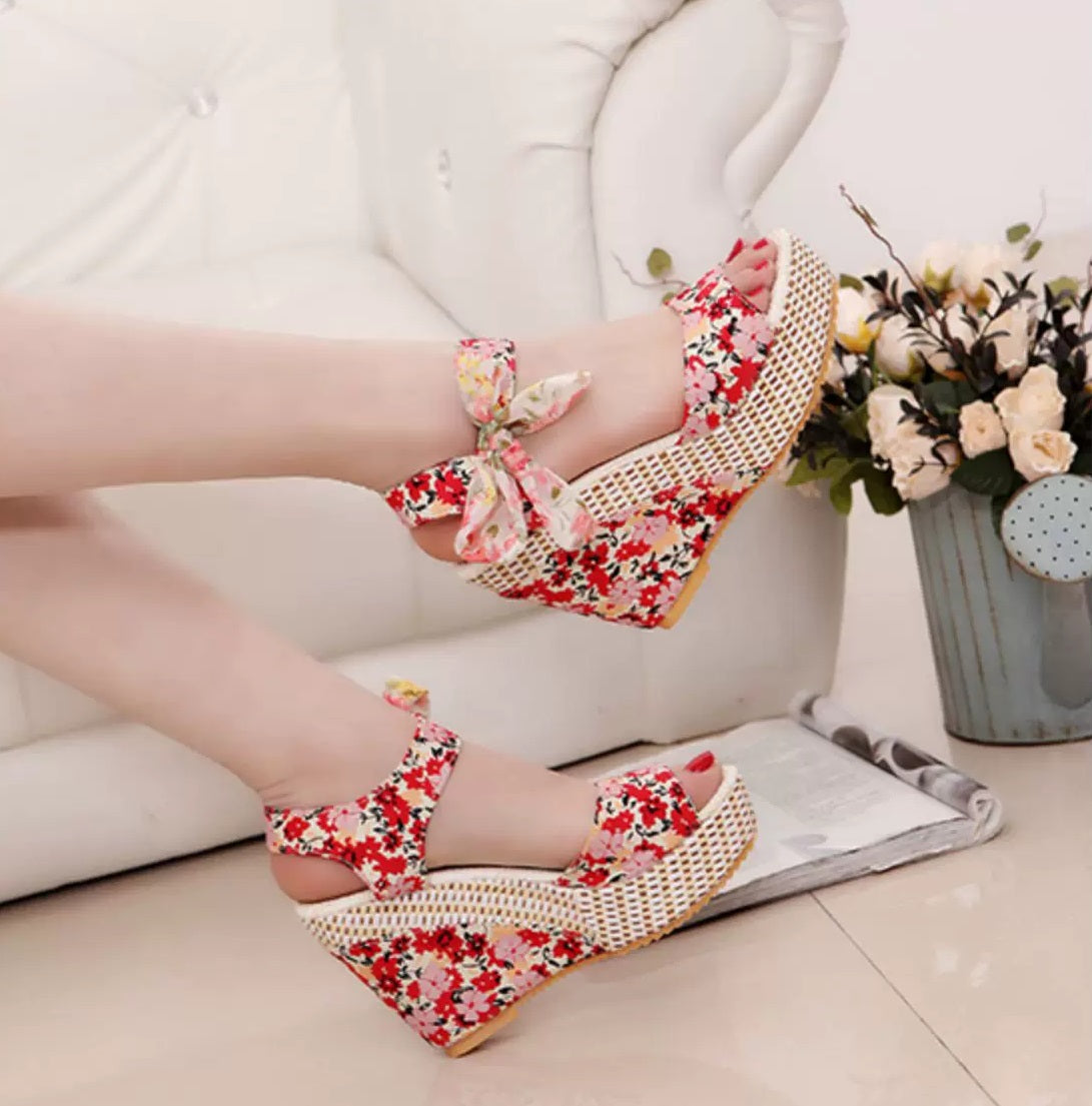 Floral Bohemian Wedge Platform High Heel Fish Mouth Sandals