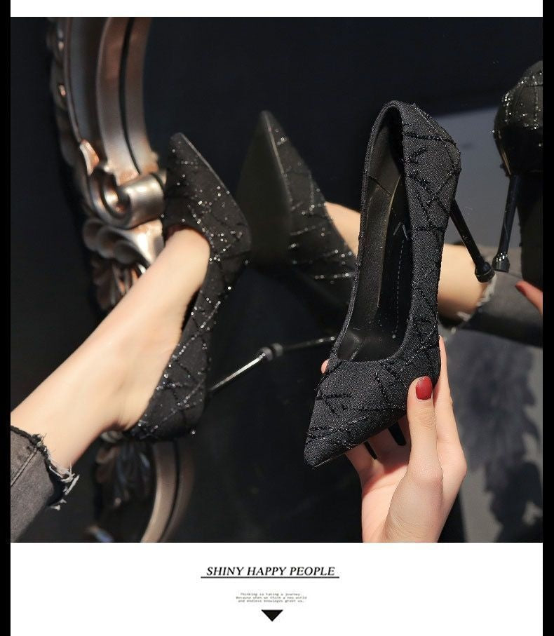 French Style Small Stiletto High Heel Round Head  Slip-on Shoes