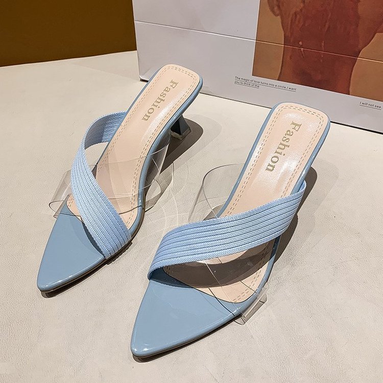 NYC US Style Pointed Stiletto Transparent Cross-strap Thin Heel Sandals Slippers
