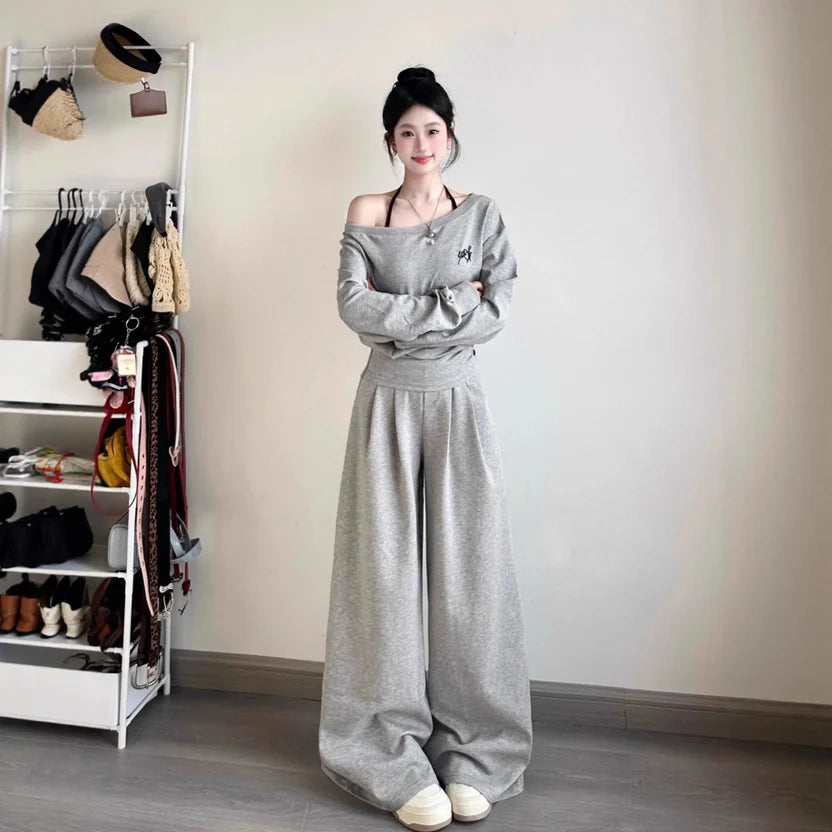 Off Shoulder Sweatshirt Loose Slimming Casual Tracksuit 2 Piece Matching Set