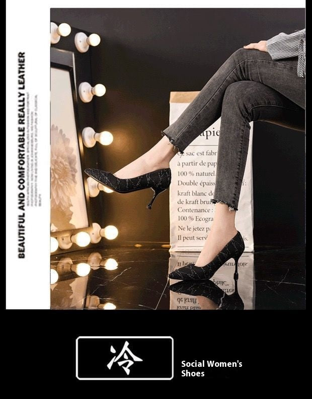 French Style Small Stiletto High Heel Round Head  Slip-on Shoes