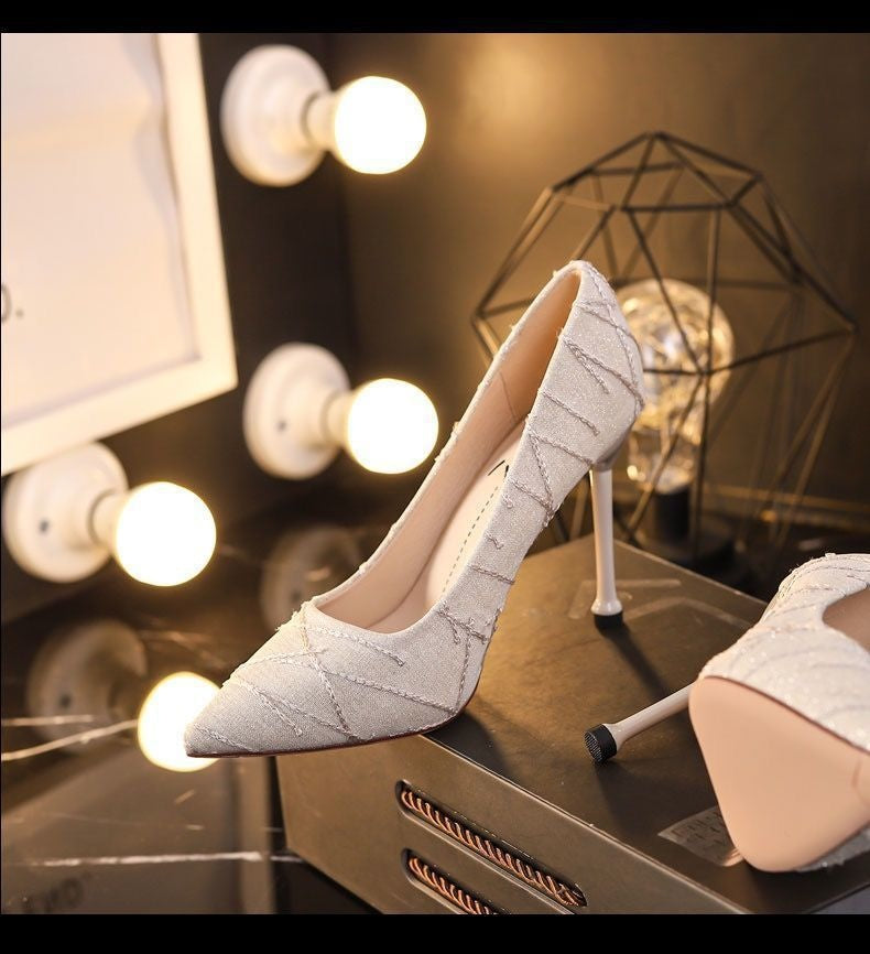 French Style Small Stiletto High Heel Round Head  Slip-on Shoes
