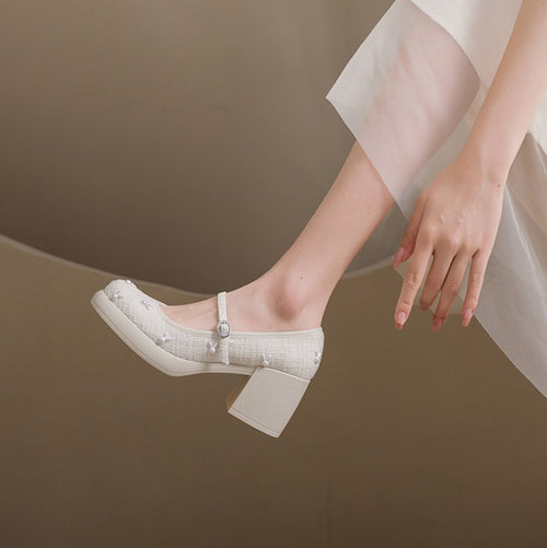 British Style Platform Loafers Chunky Retro Thick High Heels Round Head Shoes