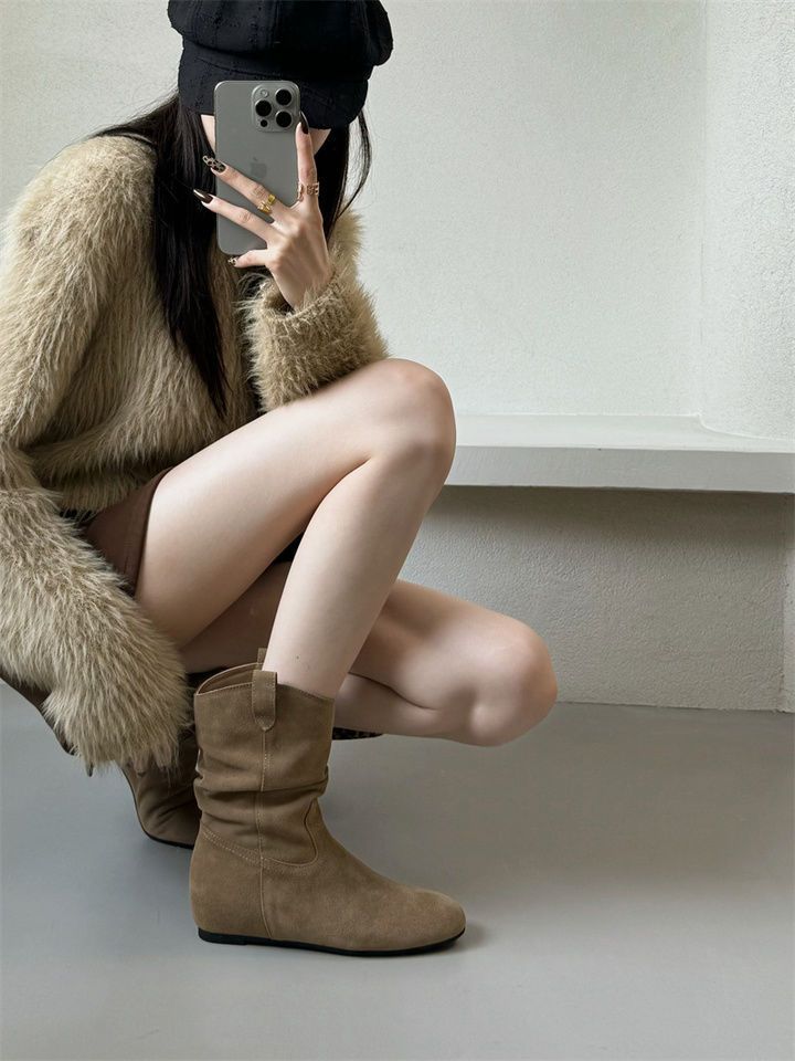 French Style Retro Frosted High Sleeve Western Cowboy Round Head Boot