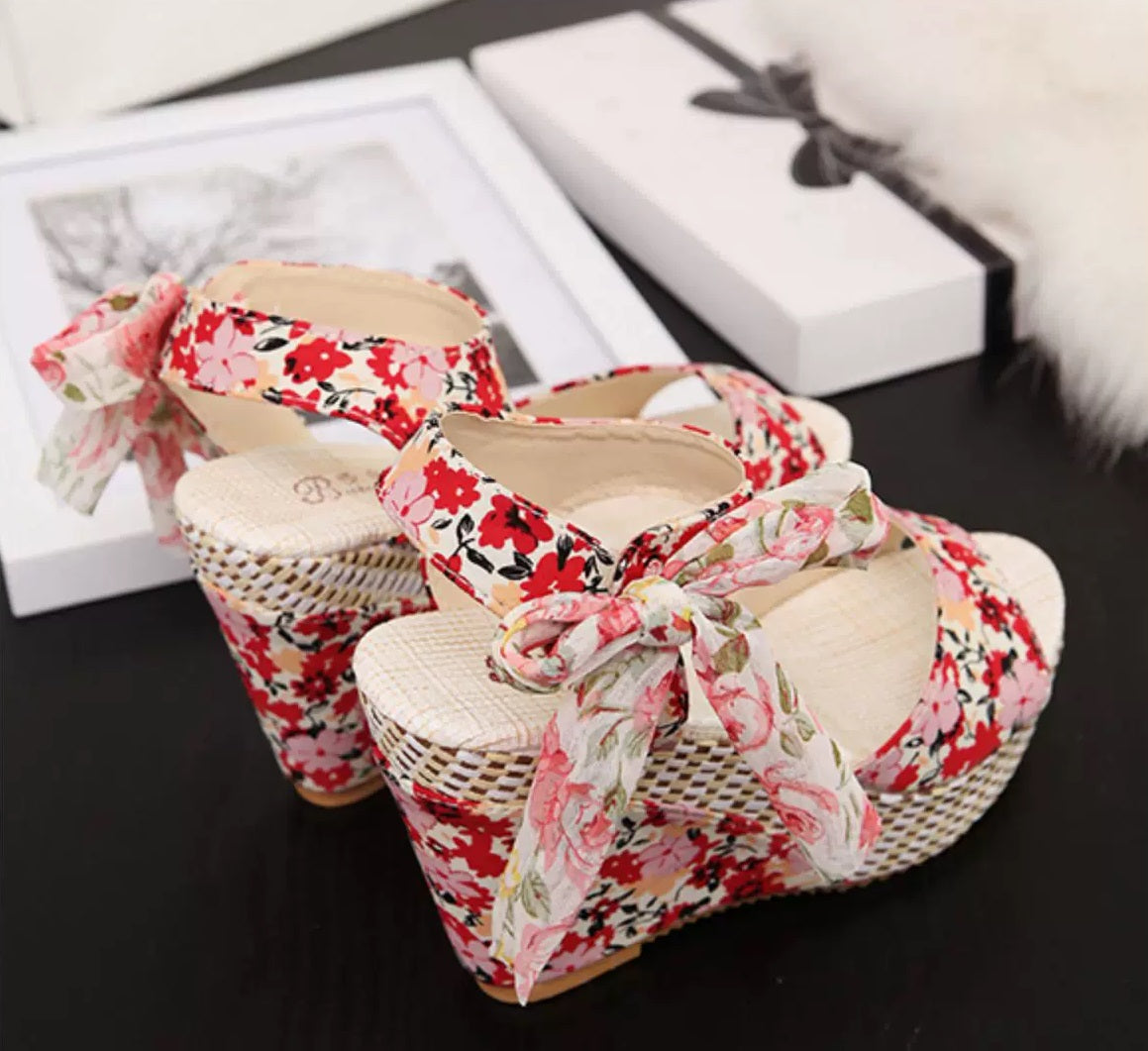 Floral Bohemian Wedge Platform High Heel Fish Mouth Sandals