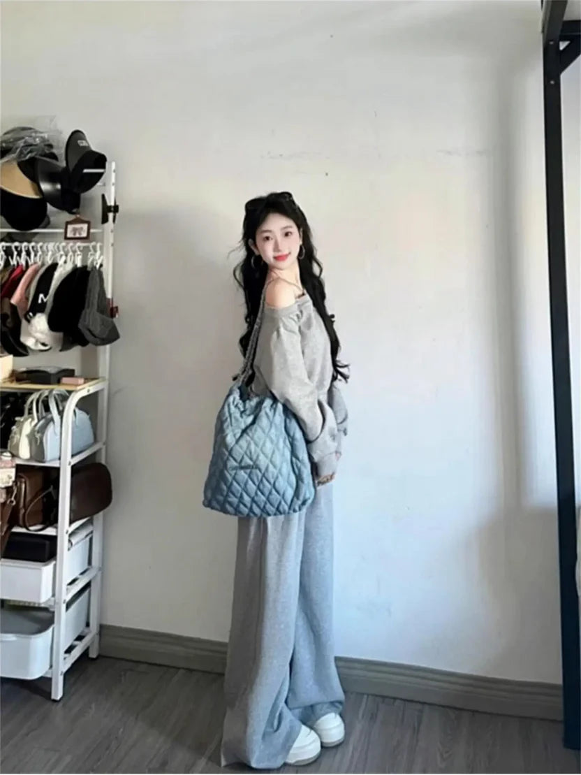 Off Shoulder Sweatshirt Loose Slimming Casual Tracksuit 2 Piece Matching Set