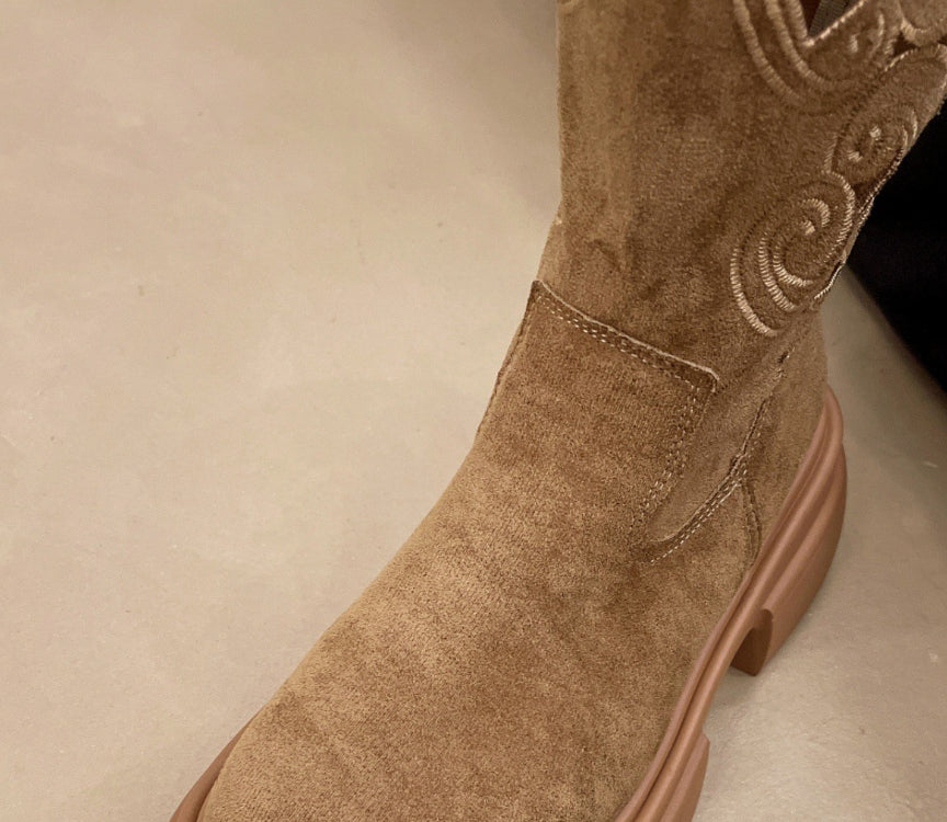 American Style Platform Heel Round Head Slip On Mid Calf Cowgirl Boot