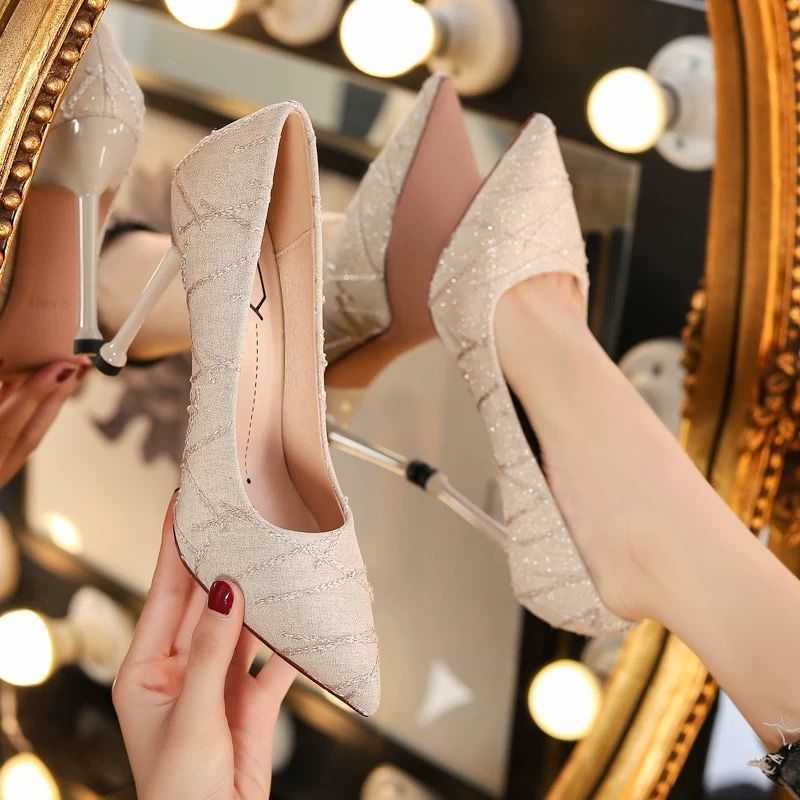 French Style Small Stiletto High Heel Round Head  Slip-on Shoes