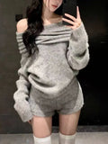 Korean Chic Pure Desire Style Two Piece Set Soft Off-Shoulder Sweater With Shorts Set