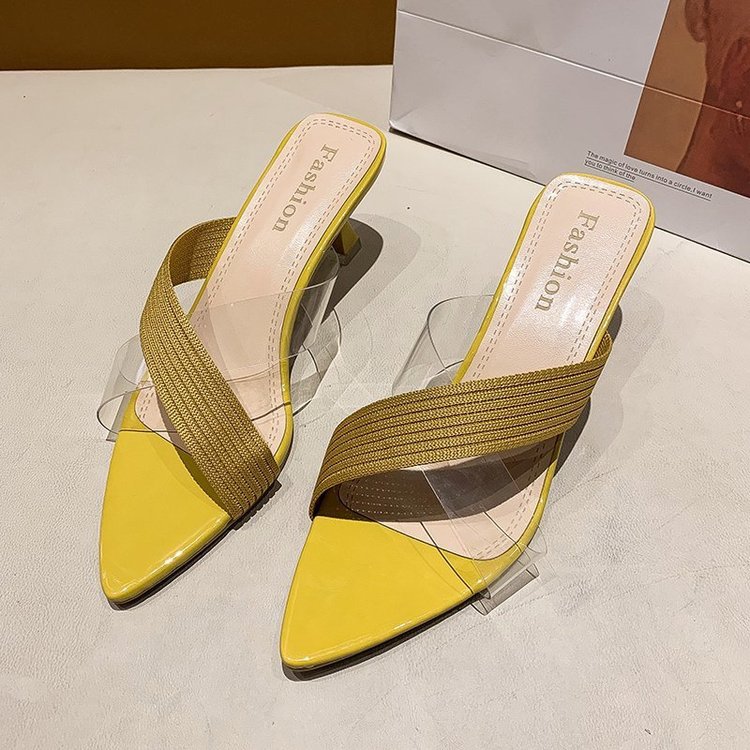 NYC US Style Pointed Stiletto Transparent Cross-strap Thin Heel Sandals Slippers