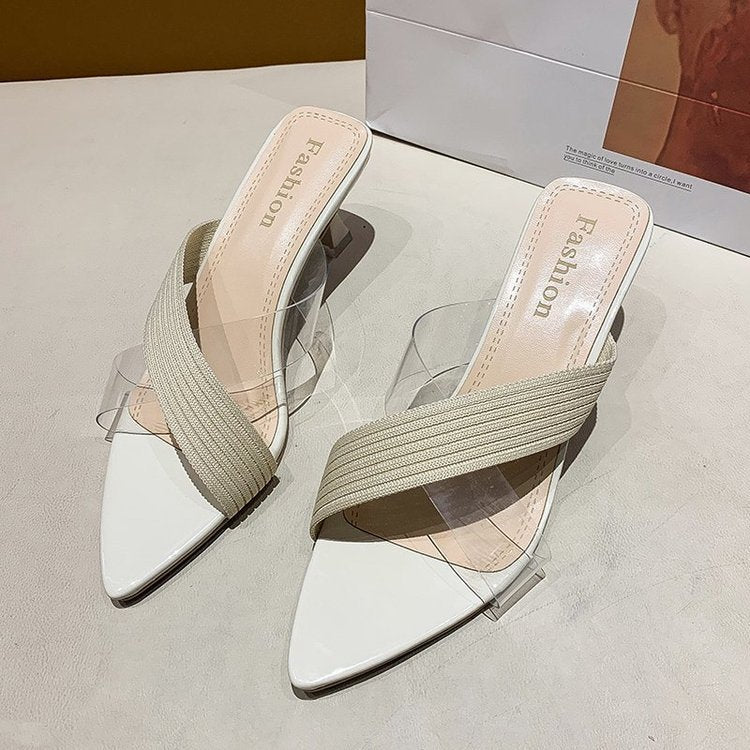 NYC US Style Pointed Stiletto Transparent Cross-strap Thin Heel Sandals Slippers
