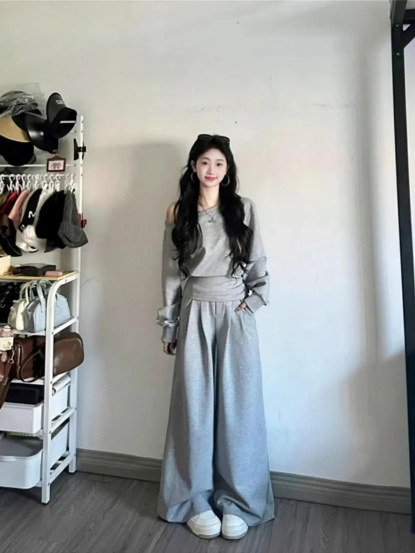 Off Shoulder Sweatshirt Loose Slimming Casual Tracksuit 2 Piece Matching Set